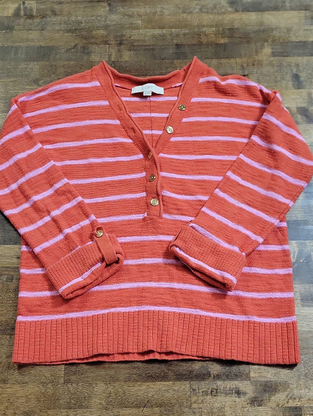 LOFT Coral Pink Striped V-Neck Button Sweater Size XS